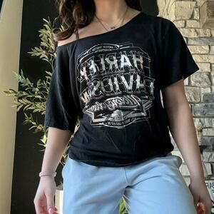 Harley davidson black off the shoulder/wide neck graphic biker tshirt